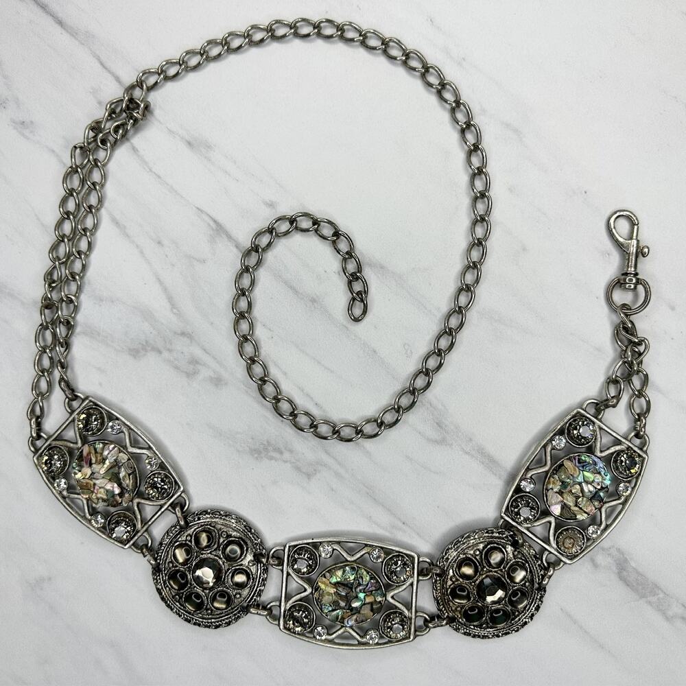 Abalone Shell Rhinestone Statement Chain Link Bel… - image 1